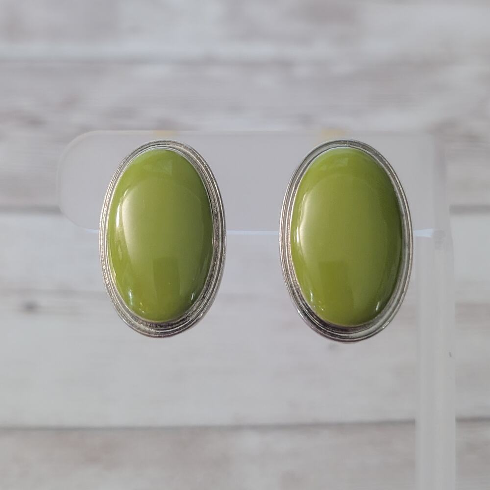 Vintage Clip On Earrings 1 & 1/8" Green Oval Large Statement